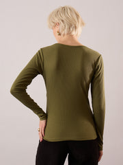 Women Olive Rib Square Neck Full Sleeves Top-SFTOPS42489