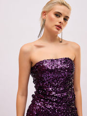 Women Purple Sequin Asymmetric Hem Tube Top-SFTOPS42490