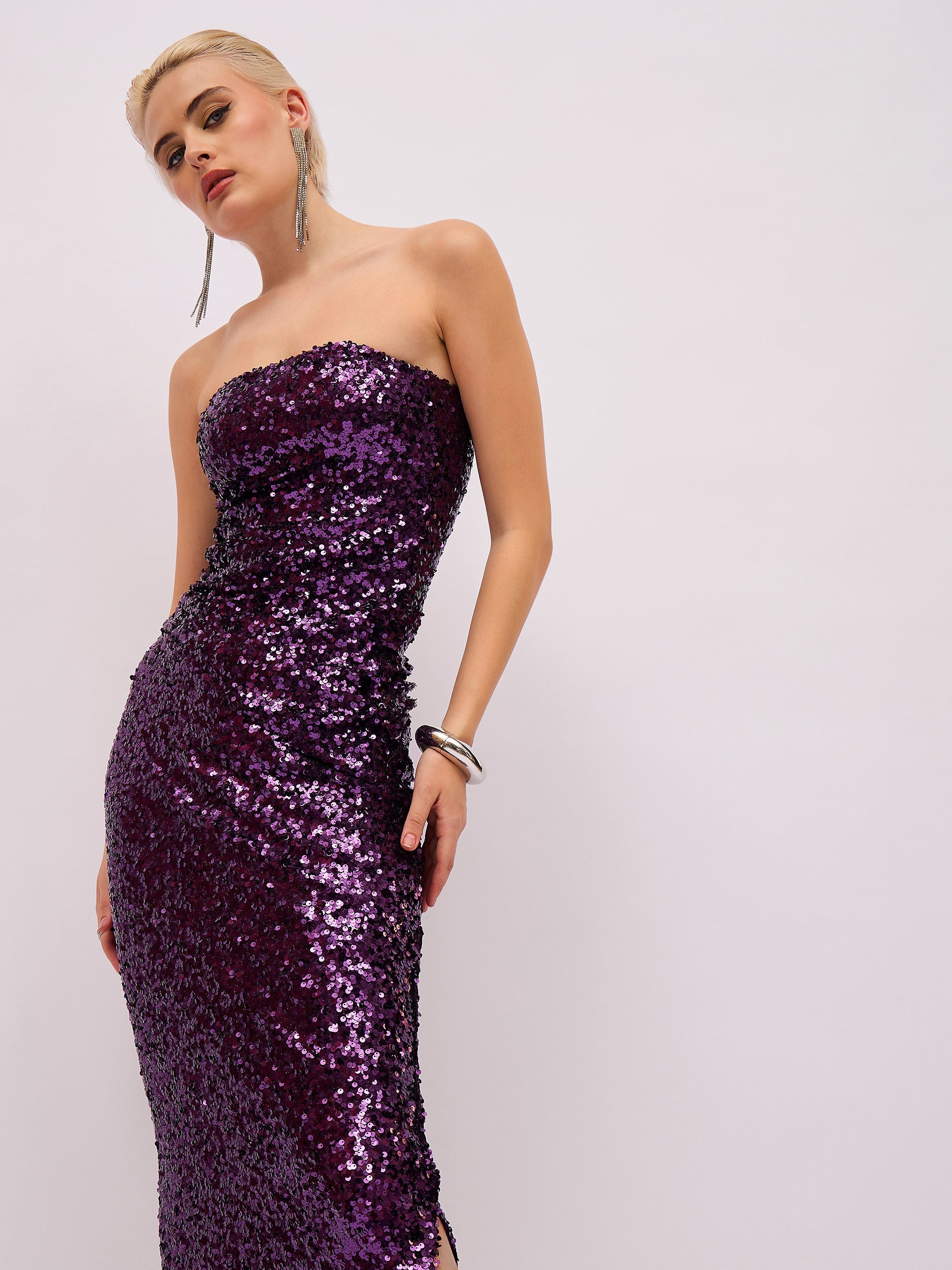 Women Purple Sequin Asymmetric Hem Tube Top-SFTOPS42490