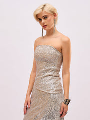 Women Silver Sequin Asymmetric Hem Tube Top-SFTOPS42491