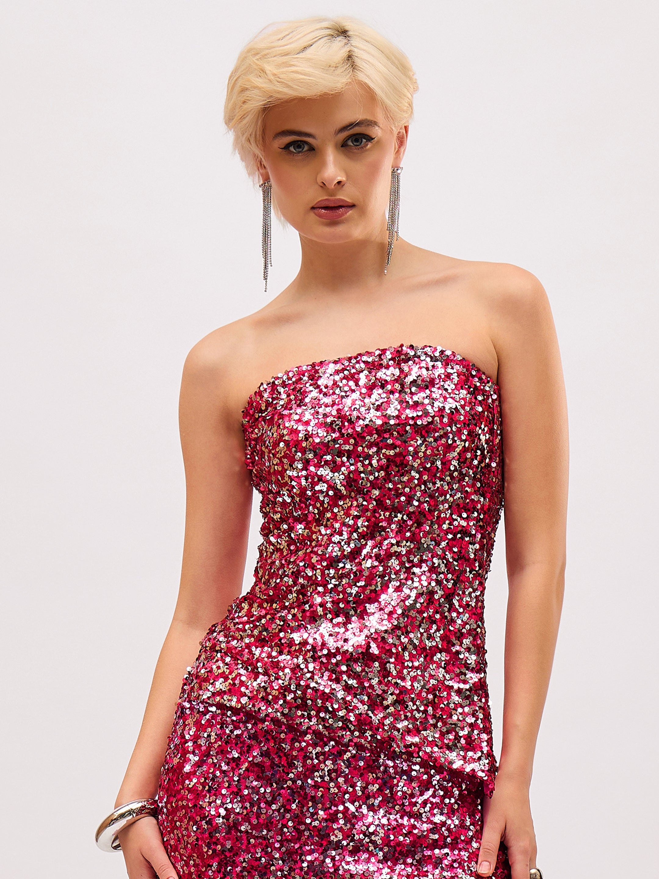 Women Pink Sequin Asymmetric Hem Tube Top-SFTOPS42492