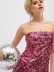 Women Pink Sequin Asymmetric Hem Tube Top-SFTOPS42492