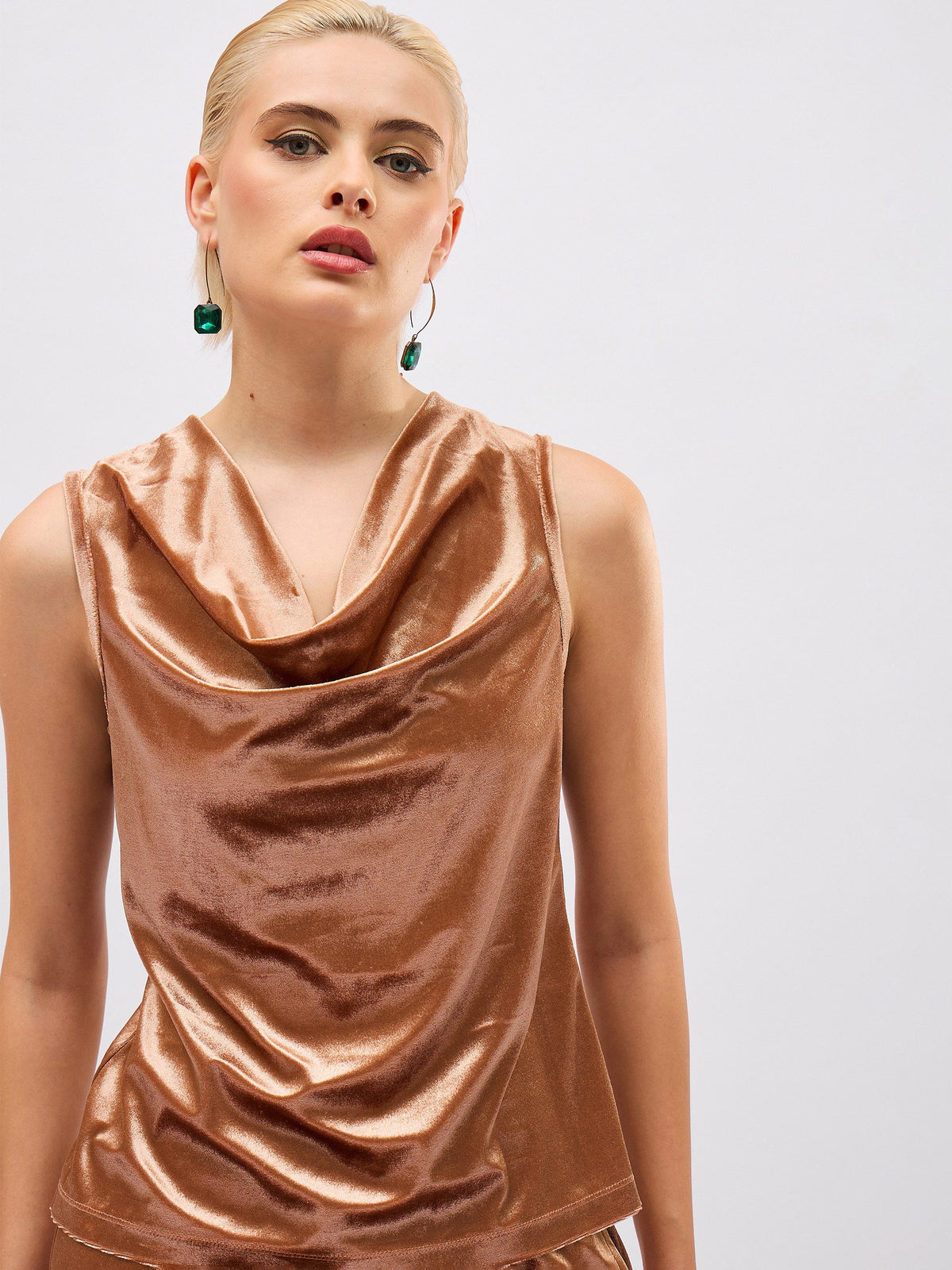 Women Beige Gold Velvet Cowl Neck Sleeveless Top-SFTOPS42493
