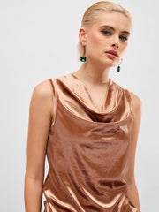 Women Beige Gold Velvet Cowl Neck Sleeveless Top-SFTOPS42493