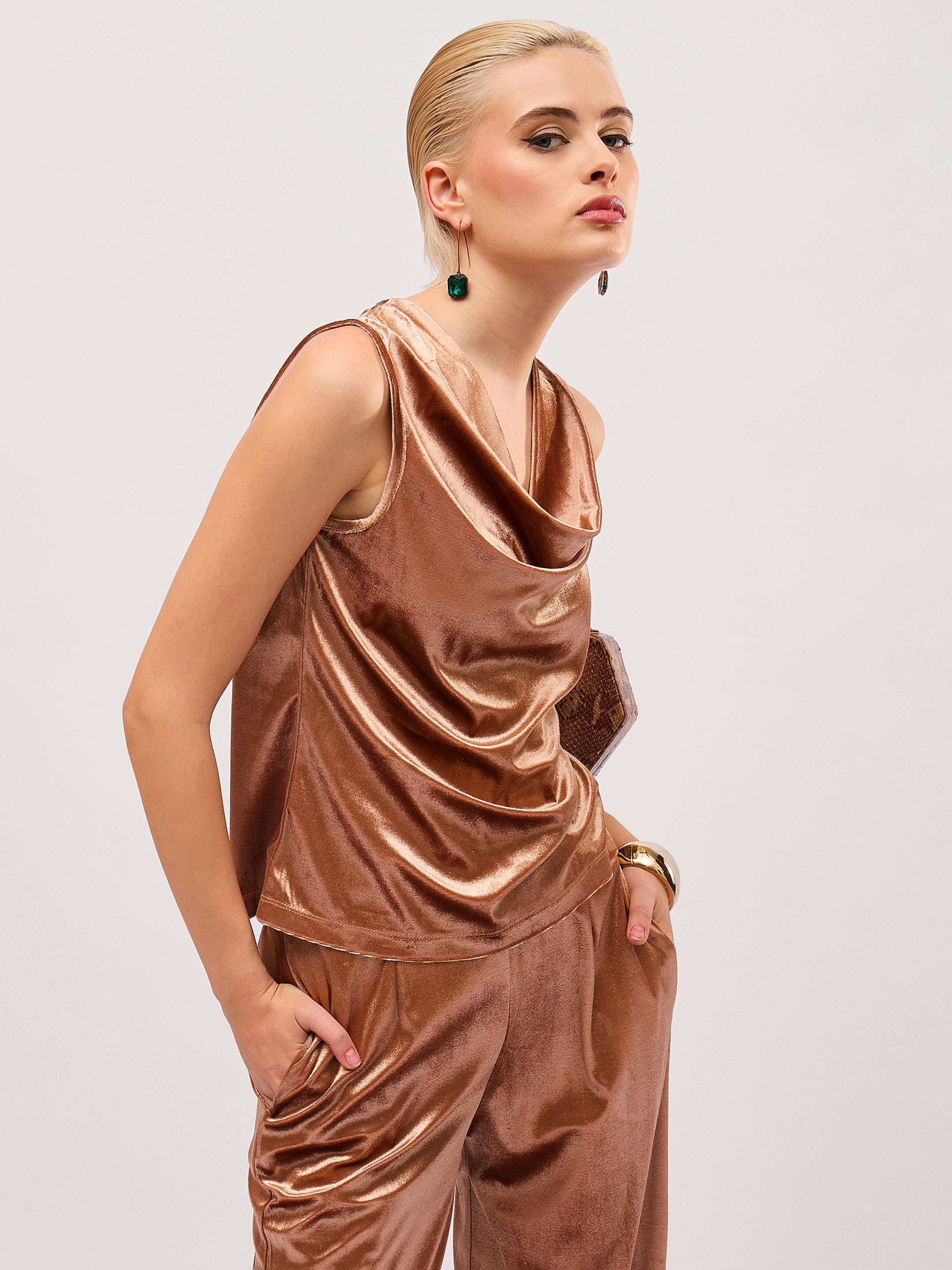 Women Beige Gold Velvet Cowl Neck Sleeveless Top-SFTOPS42493