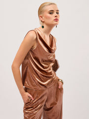 Women Beige Gold Velvet Cowl Neck Sleeveless Top-SFTOPS42493