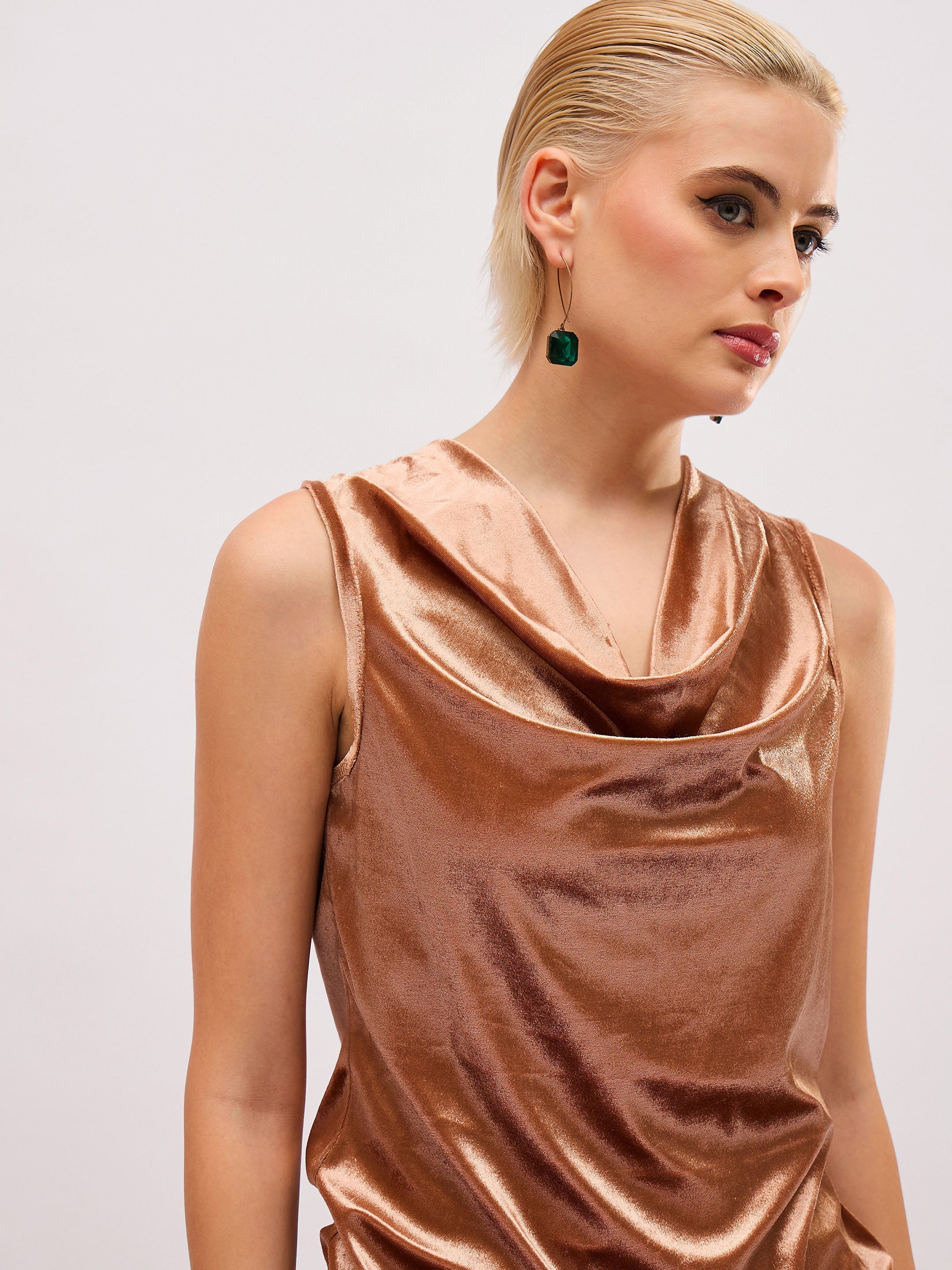 Women Beige Gold Velvet Cowl Neck Sleeveless Top-SFTOPS42493