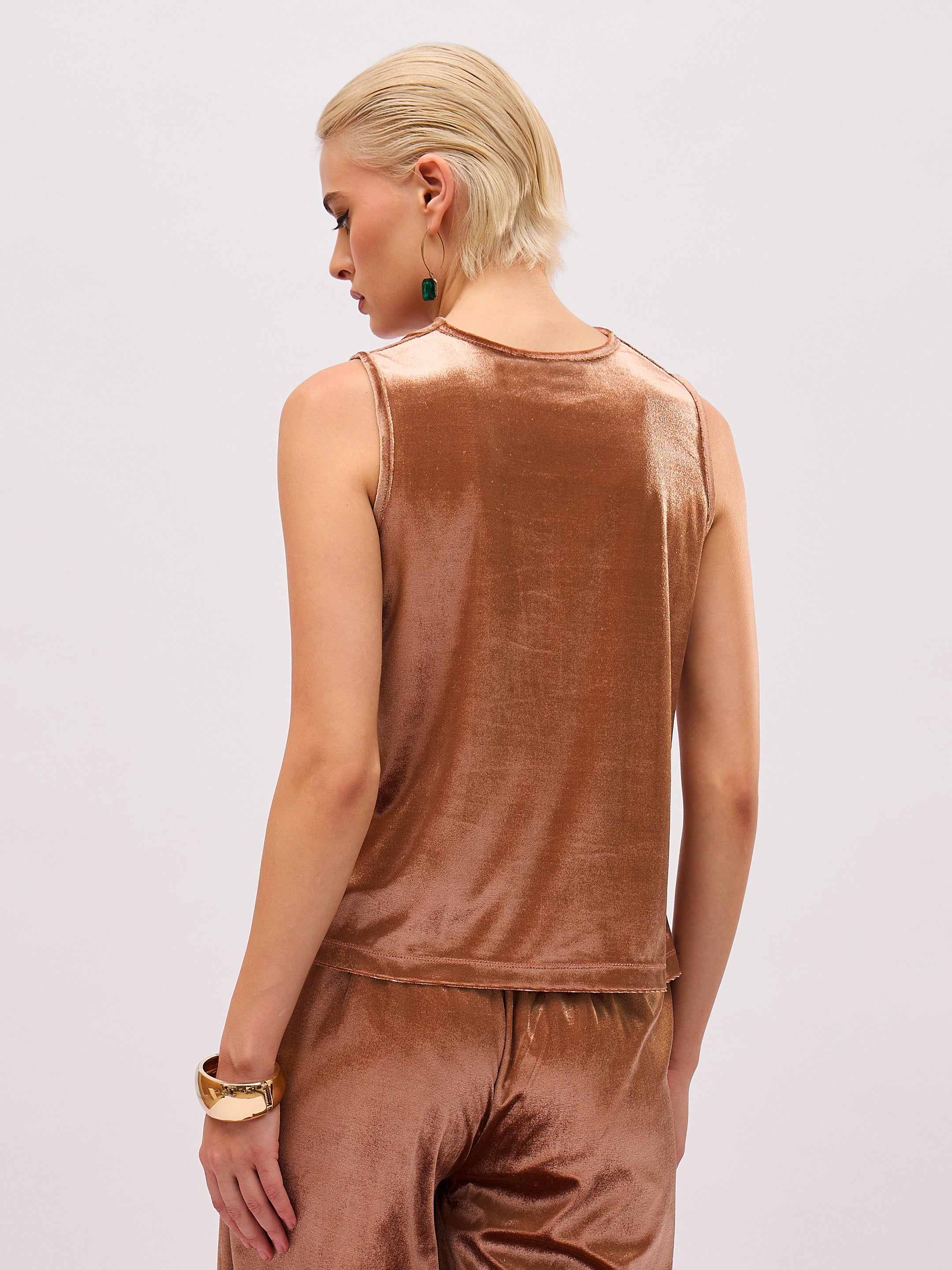 Women Beige Gold Velvet Cowl Neck Sleeveless Top-SFTOPS42493