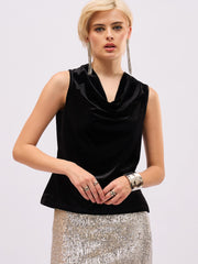 Women Black Velvet Cowl Neck Sleeveless Top-SFTOPS42494