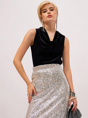 Women Black Velvet Cowl Neck Sleeveless Top-SFTOPS42494