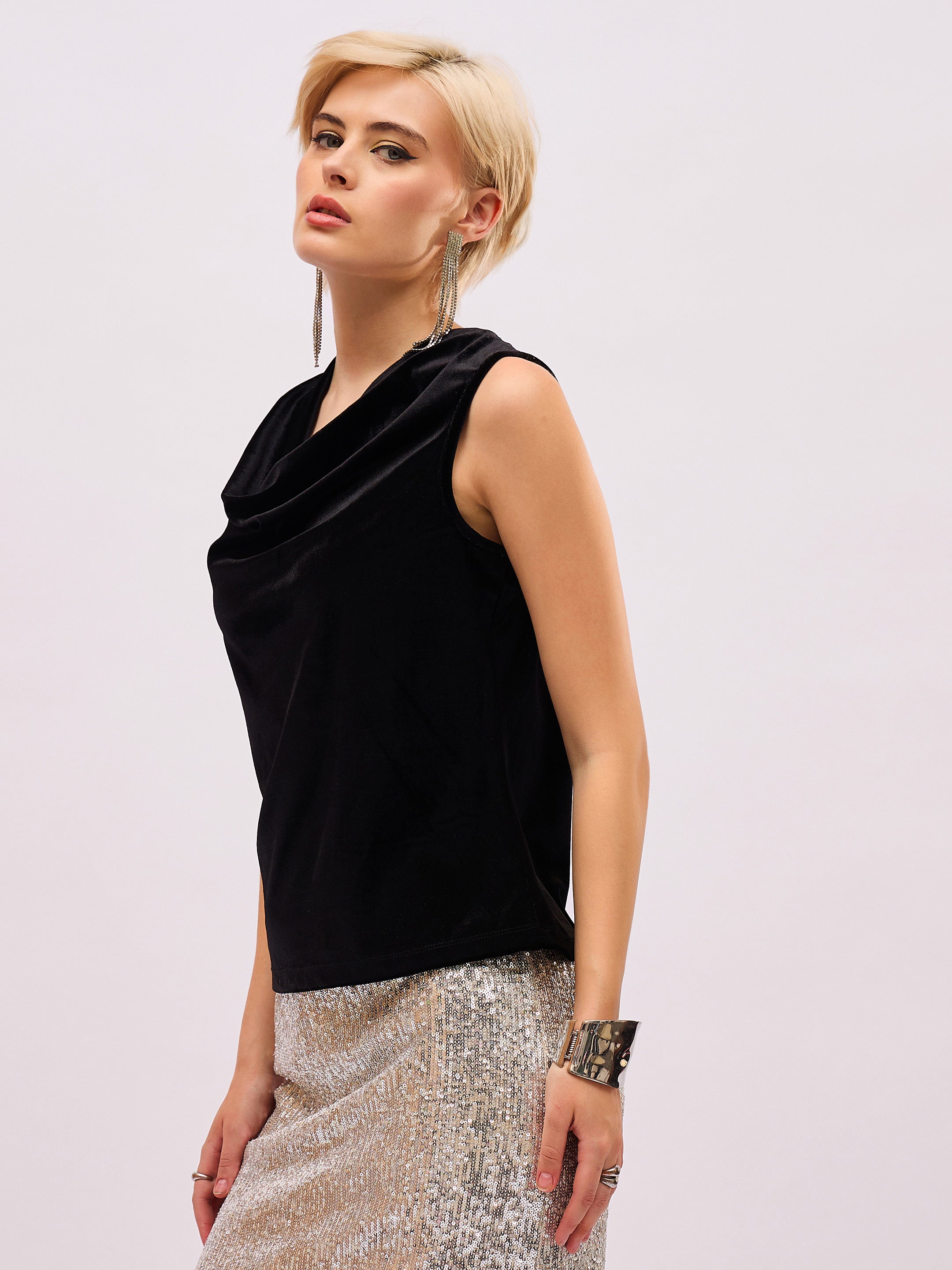 Women Black Velvet Cowl Neck Sleeveless Top-SFTOPS42494