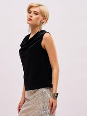 Women Black Velvet Cowl Neck Sleeveless Top-SFTOPS42494