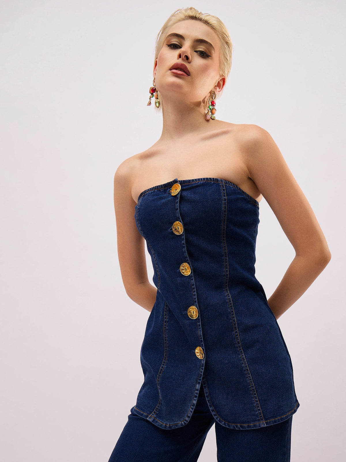 Women Navy Blue Denim Button Down Tube Top-SFTOPS42495