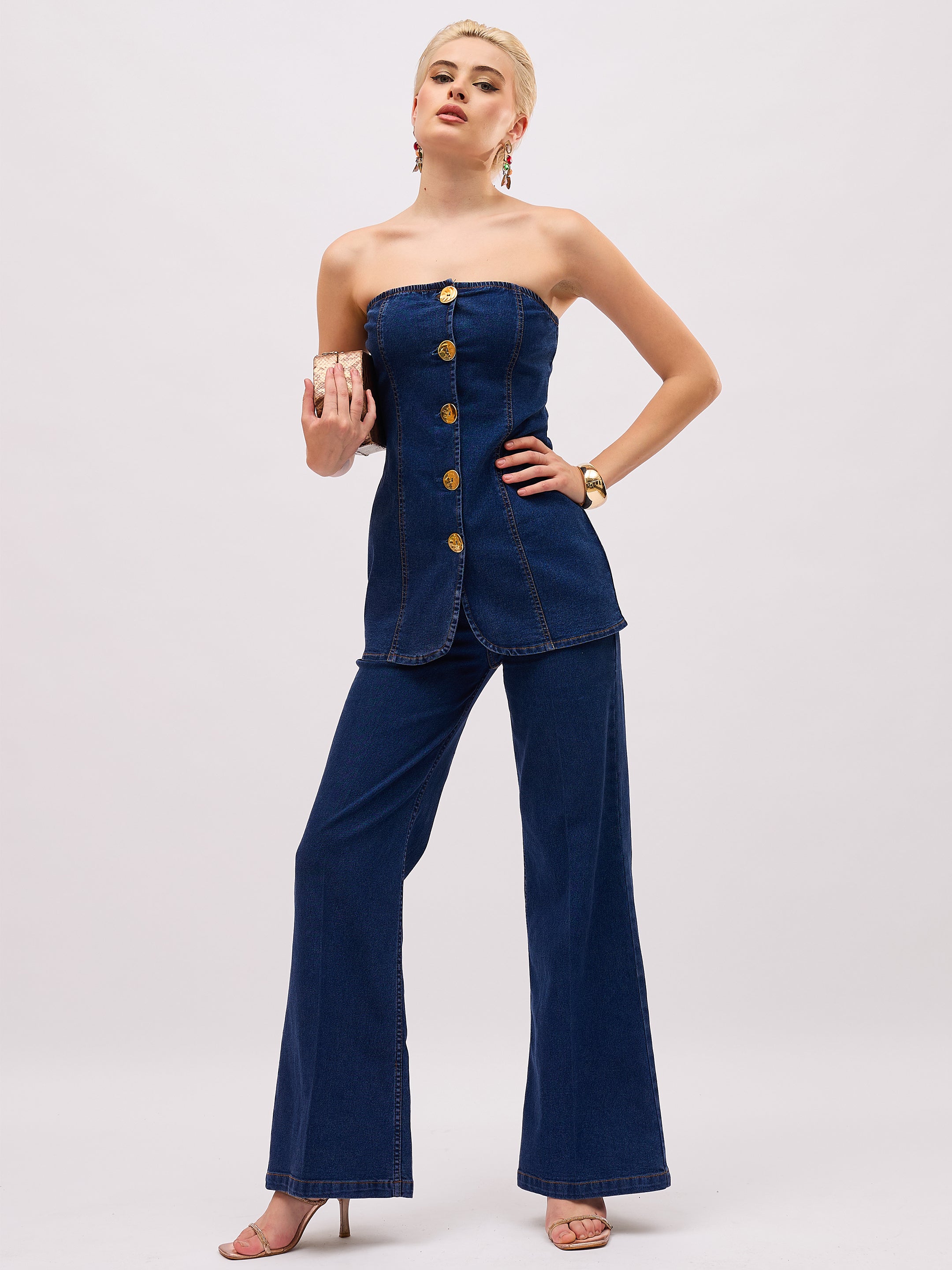Women Navy Blue Denim Button Down Tube Top-SFTOPS42495