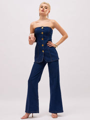 Women Navy Blue Denim Button Down Tube Top-SFTOPS42495