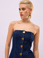 Women Navy Blue Denim Button Down Tube Top-SFTOPS42495