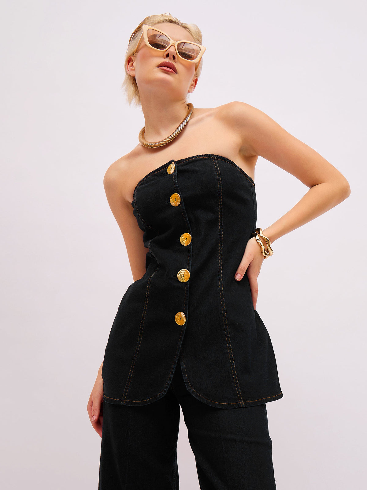 Women Jet Black Denim Button Down Tube Top-SFTOPS42496