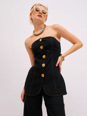 Women Jet Black Denim Button Down Tube Top-SFTOPS42496