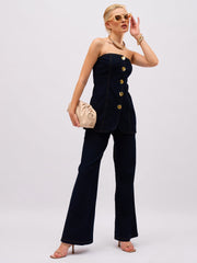 Women Jet Black Denim Button Down Tube Top-SFTOPS42496