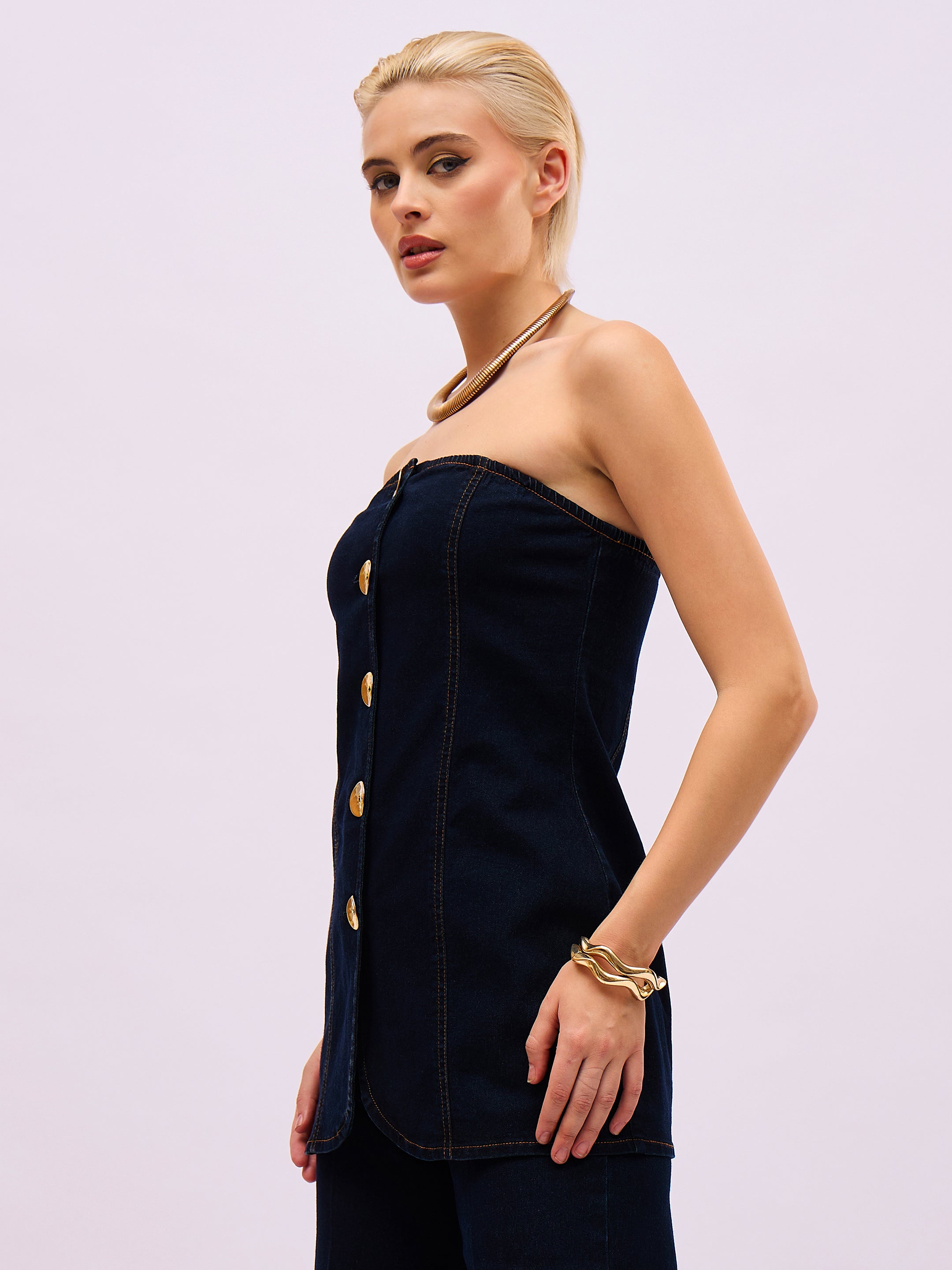 Women Jet Black Denim Button Down Tube Top-SFTOPS42496