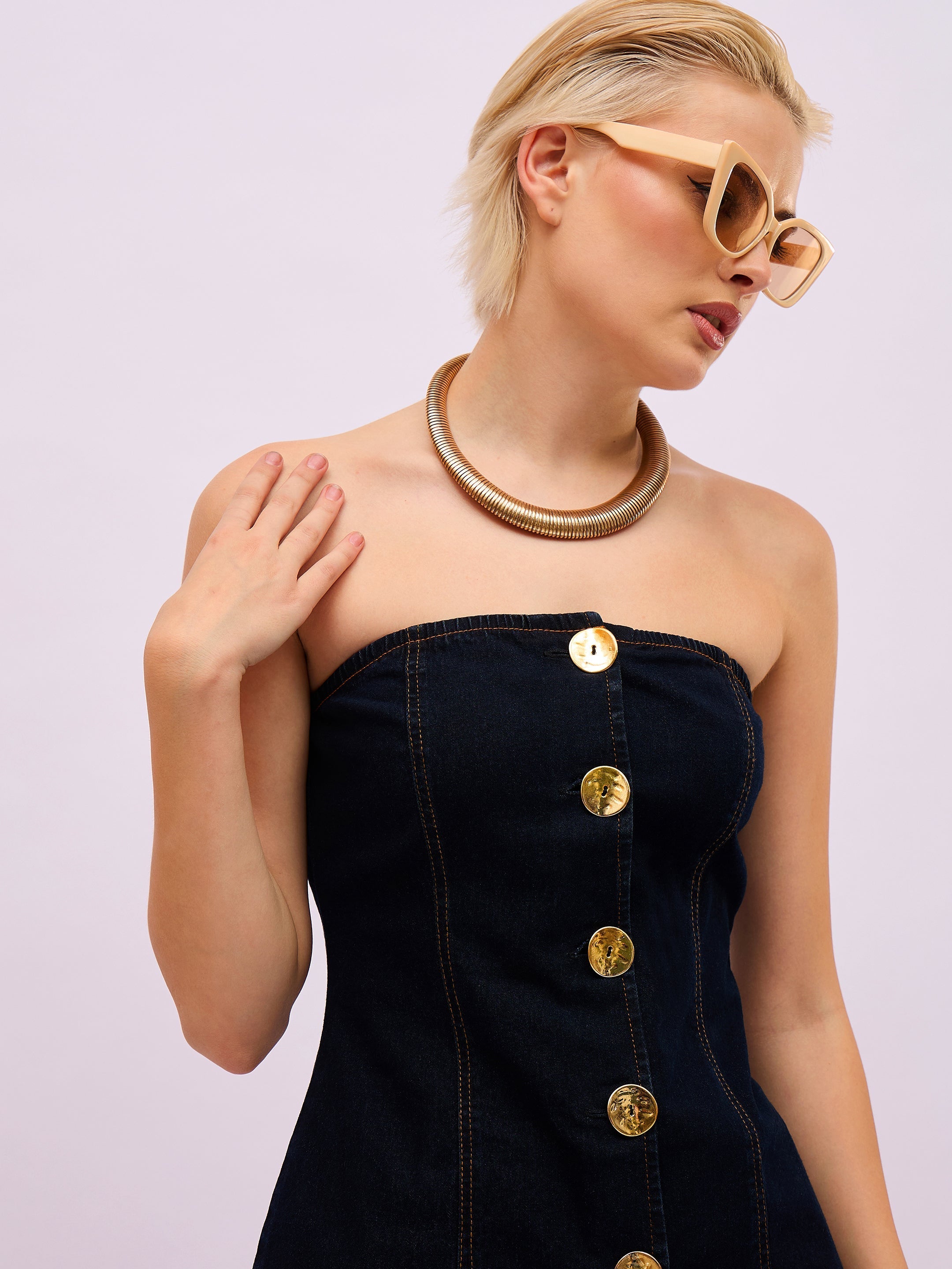 Women Jet Black Denim Button Down Tube Top-SFTOPS42496