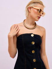 Women Jet Black Denim Button Down Tube Top-SFTOPS42496