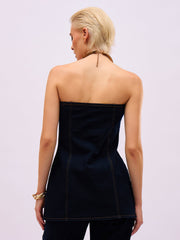 Women Jet Black Denim Button Down Tube Top-SFTOPS42496