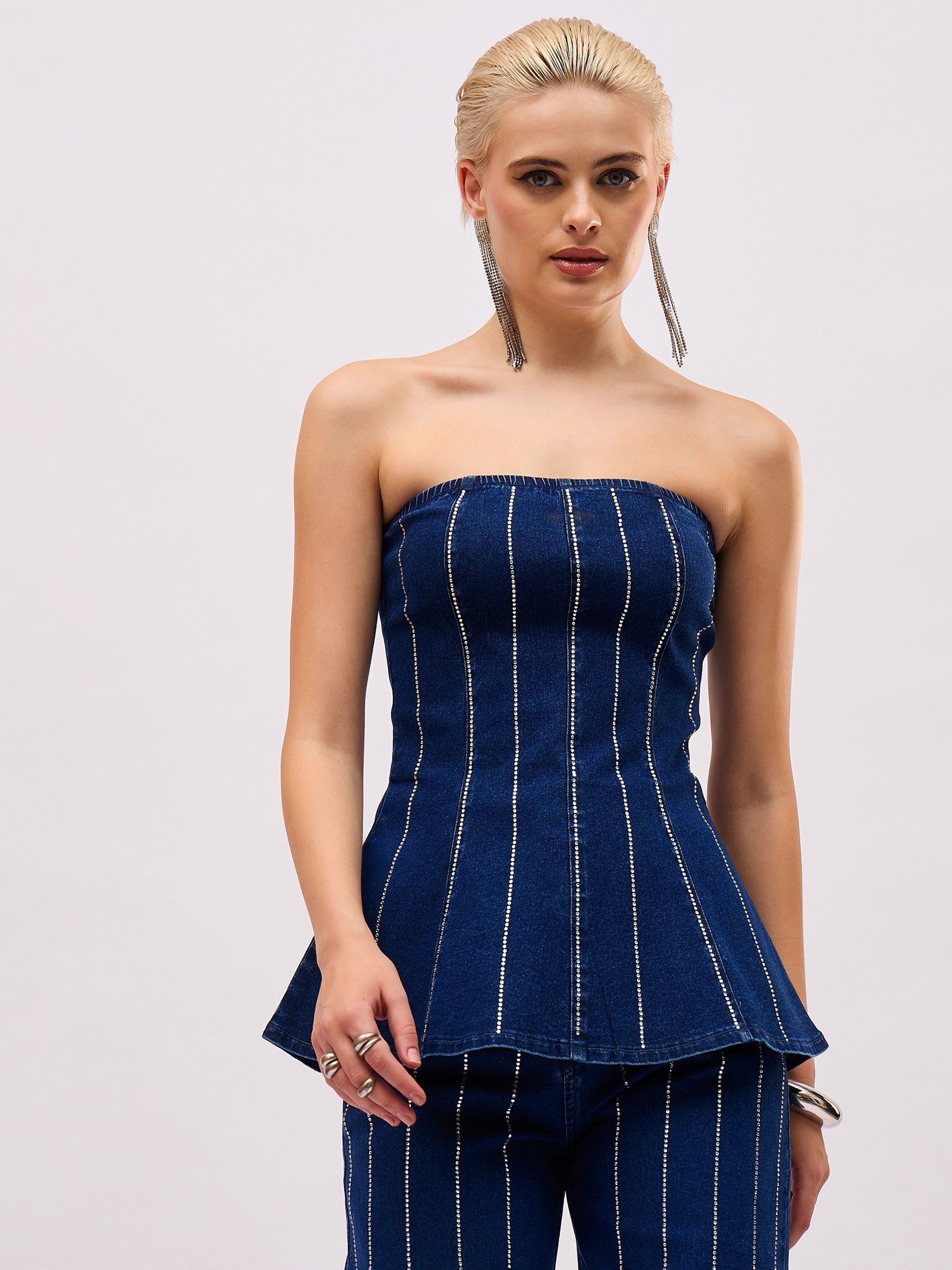 Women Navy Blue Front Stud Paplum Tube Top-SFTOPS42497