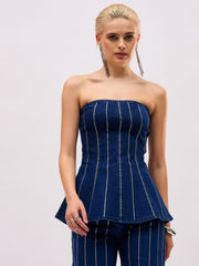 Women Navy Blue Front Stud Paplum Tube Top-SFTOPS42497