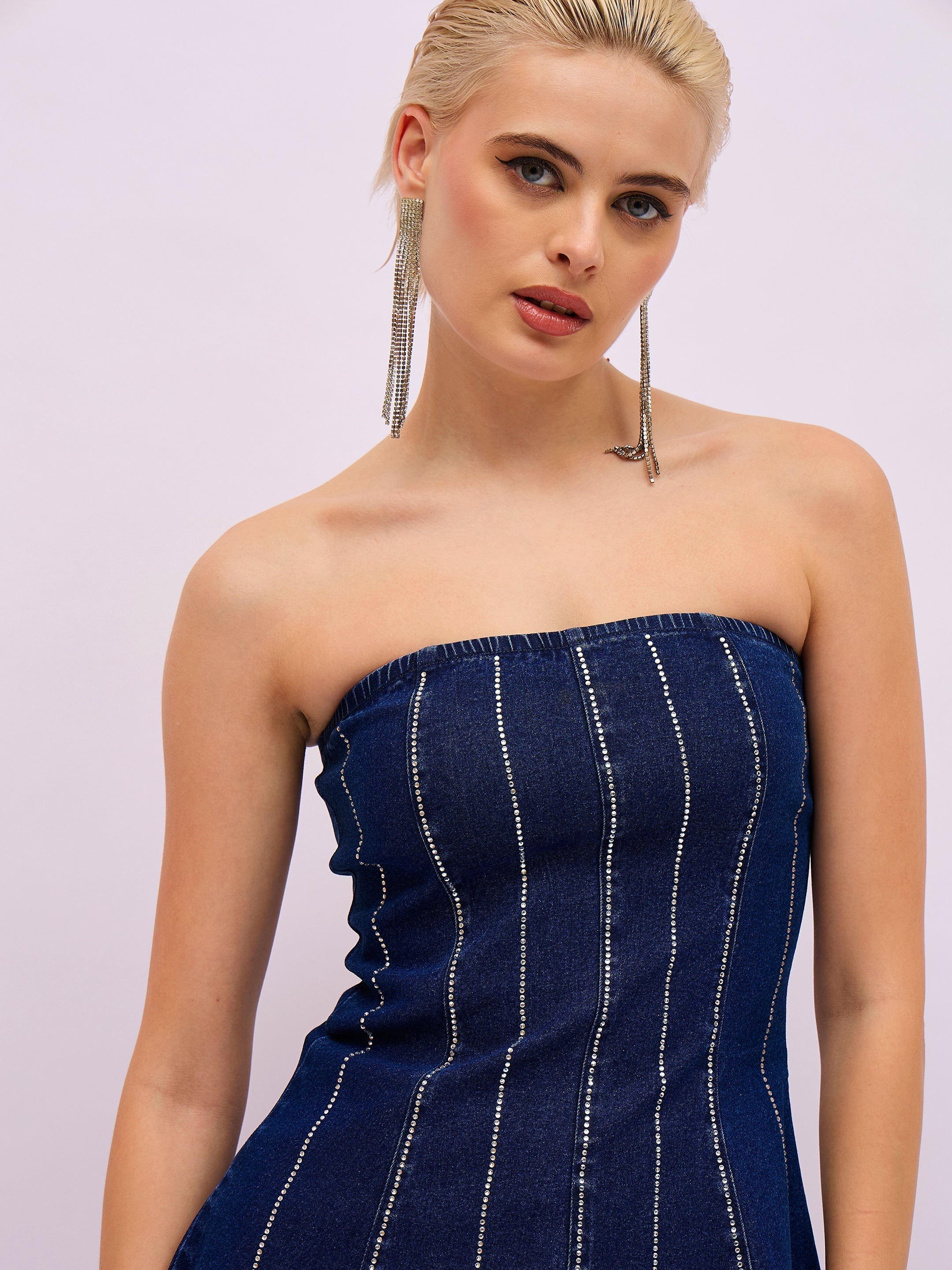 Women Navy Blue Front Stud Paplum Tube Top-SFTOPS42497