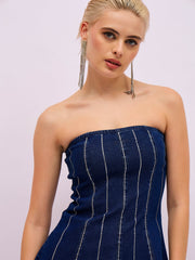 Women Navy Blue Front Stud Paplum Tube Top-SFTOPS42497