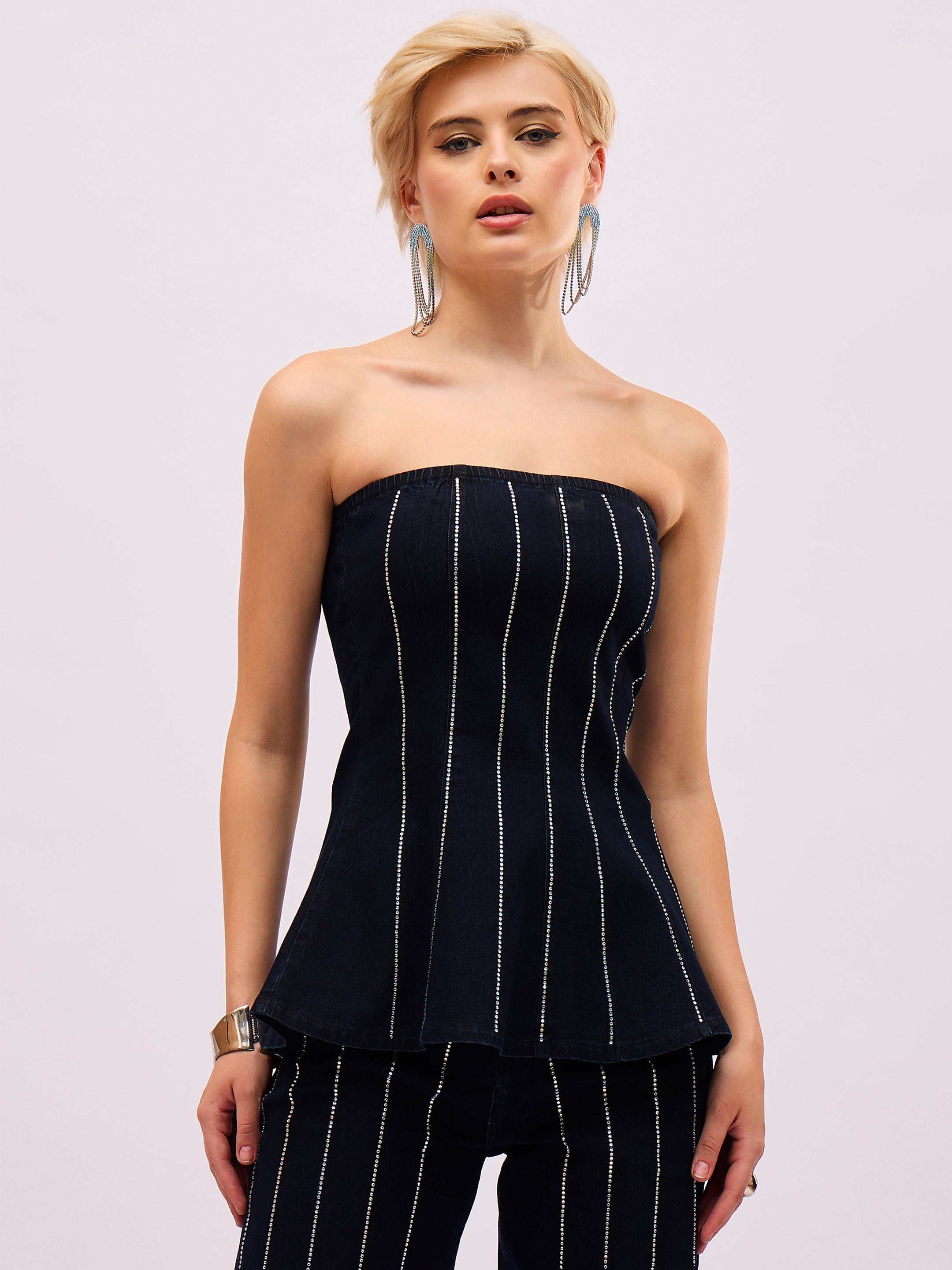 Women Jet Black Front Stud Paplum Tube Top-SFTOPS42498