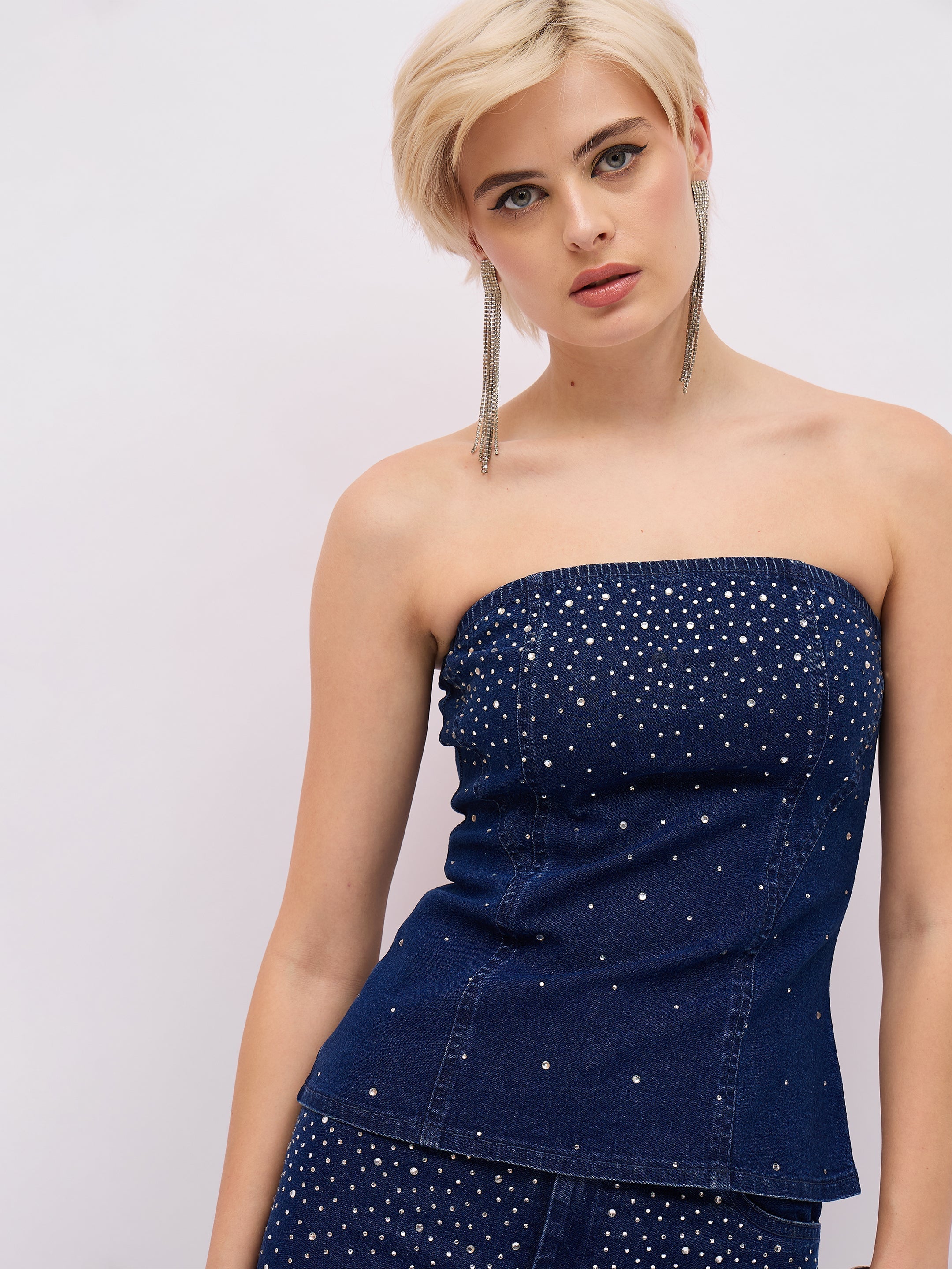 Women Blue Washed Front Stud Work Detail Tube Top-SFTOPS42499
