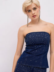 Women Blue Washed Front Stud Work Detail Tube Top-SFTOPS42499