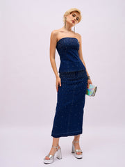 Women Blue Washed Front Stud Work Detail Tube Top-SFTOPS42499