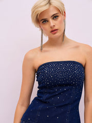 Women Blue Washed Front Stud Work Detail Tube Top-SFTOPS42499