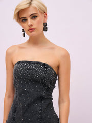 Women Black Washed Front Stud Work Detail Tube Top-SFTOPS42500