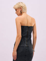 Women Black Washed Front Stud Work Detail Tube Top-SFTOPS42500