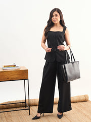 Women Black Rhombus Neck Sleeveless Front Button Top
