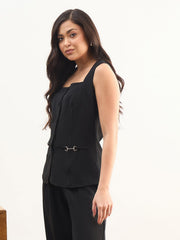 Women Black Rhombus Neck Sleeveless Front Button Top