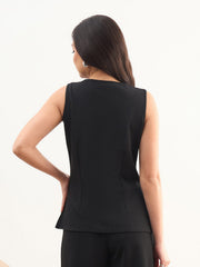 Women Black Rhombus Neck Sleeveless Front Button Top