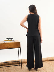 Women Black Rhombus Neck Front Button Top With Box Pleat Pants
