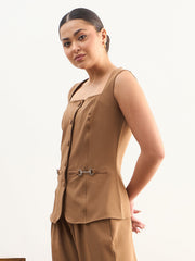 Women Tan Brown Rhombus Neck Sleeveless Front Button Top