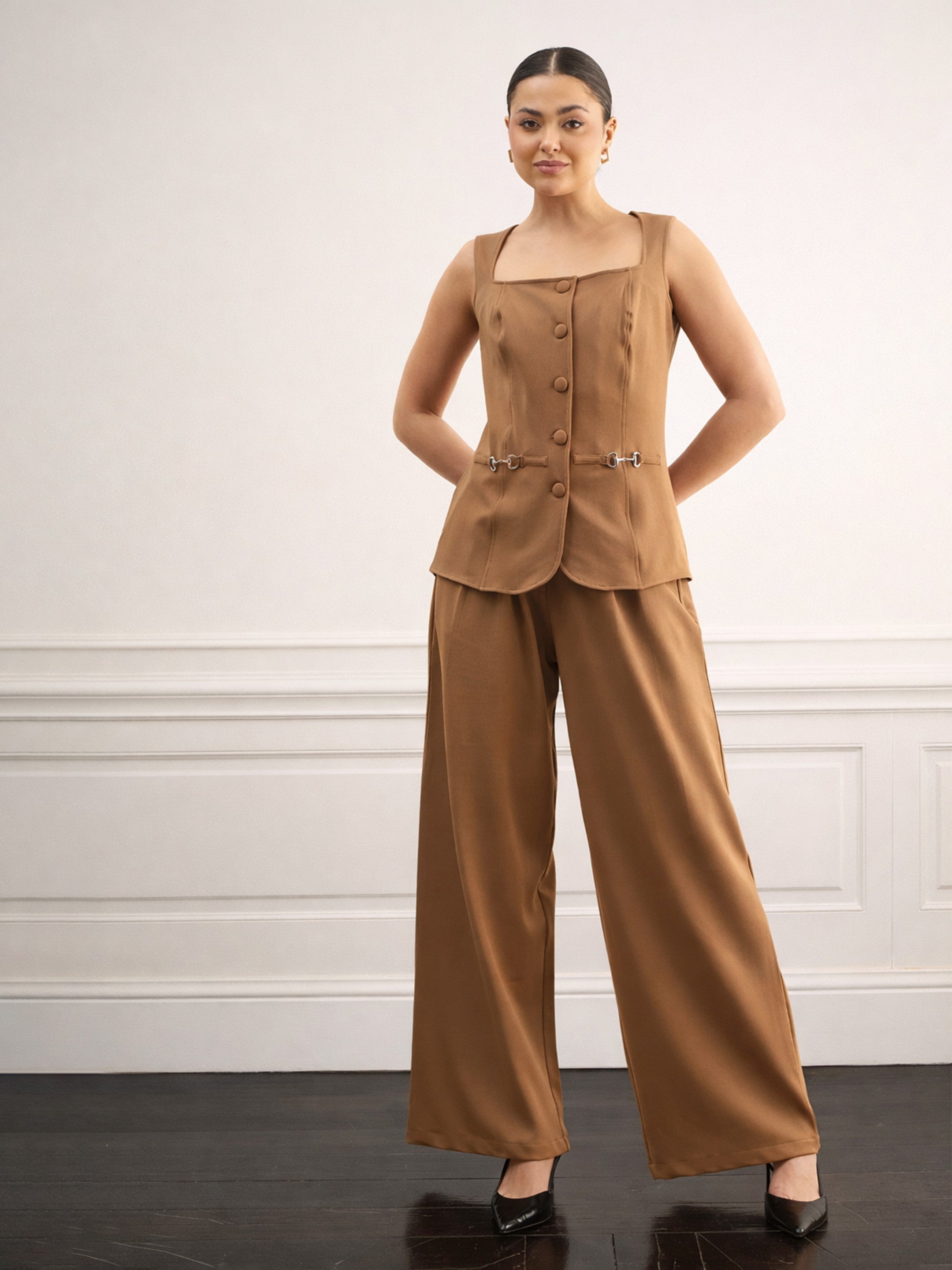 DesiQlo Tan Brown Rhombus Neck Front Button Top With Box Pleat Pa