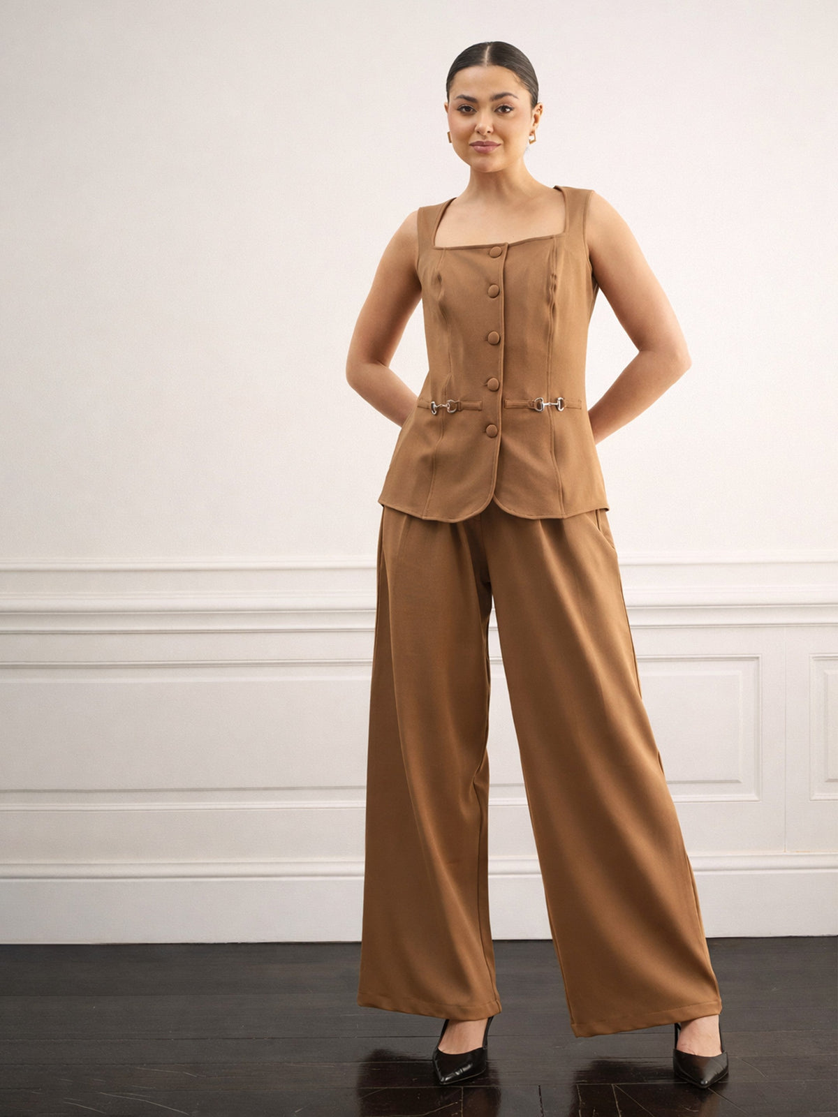 Women Tan Brown Rhombus Neck Front Button Top With Box Pleat Pants