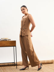 Women Tan Brown Rhombus Neck Front Button Top With Box Pleat Pants