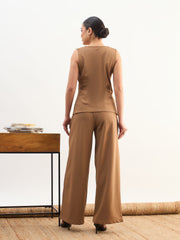 Women Tan Brown Rhombus Neck Front Button Top With Box Pleat Pants