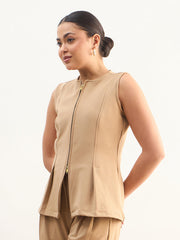 Women Beige Round Neck Front Zipper Top