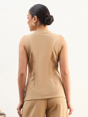 Women Beige Round Neck Front Zipper Top