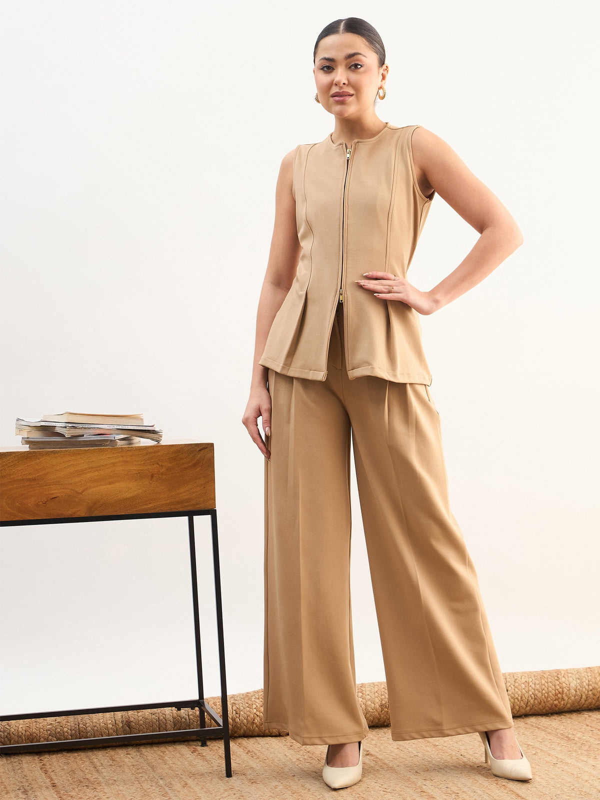 Women Beige Round Neck Front Zipper Top With Dual Dart Pant